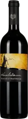 Flasche Rotwein mit elegantem, mattschwarzem Etikett und goldgelbem, künstlerischem Hintergrundmotiv.