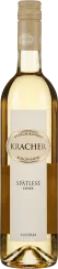Flasche mit mittelgelbem Wein, schlichtem Etikett und hellem Schraubverschluss.