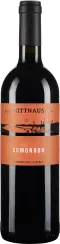 Eine dunkle Weinflasche mit einem orangefarbenen Etikett, das eine stilisierte Landschaft zeigt. Die Flasche hat einen schwarzen Schraubverschluss.