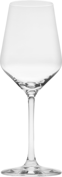 Ein elegantes Weinglas mit langem, schlankem Stiel, einem sich nach oben verjüngenden Kelch aus klarem Glas, ideal für Weißweinpräsentationen.