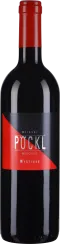 Flasche mit dunkler, glänzender Oberfläche und rotem, leicht schrägem Etikett; roter Schraubverschluss.
