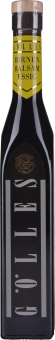 Dunkle Glasflasche mit einem Korkverschluss, gelbes Etikett am Hals, schlichtes Design mit großen Buchstaben.
