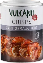 Eine zylindrische Dose mit weißem Deckel, deren Etikett gebräunte, knusprig aussehende Snacks zeigt. Das Design ist modern mit schwarzen und weißen Farben, die den rauchigen Eindruck verstärken.