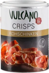 Eine zylindrische Dose mit weißem Deckel, die knusprige Schinkenchips zeigt. Das Design umfasst ein modernes Etikett in Weiß, Schwarz und Gold, mit einem Bild von knusprig aussehenden Rohschinkenscheiben auf der Vorderseite.