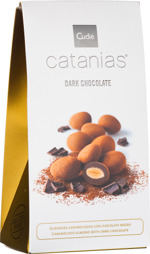 Weiße Verpackung mit goldener Seite, zeigt Schoko-Mandeln und Kakaostücke.