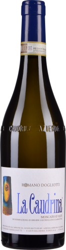 Flasche mit dunkelblauem Hals und Etikett, Detail einer stilisierten Traube links, der Rest des Etiketts ist weiß mit blauer und goldener Schrift.