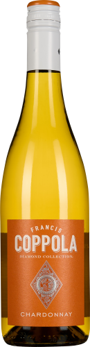 Klare Weinflasche mit weißem Verschluss und orangefarbenem Etikett.