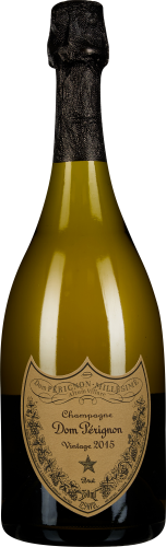 Grüne Champagnerflasche mit schwarzem Folienhals und beige etikettierter Vorderseite.