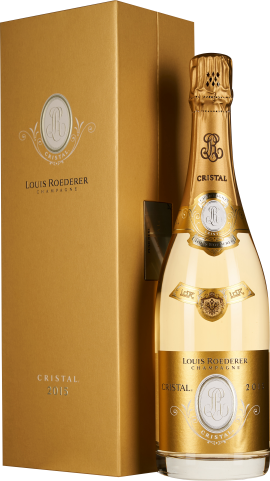 Goldene Champagnerflasche mit luxuriösem Design, verziert mit eleganten Prägungen und Siegeln, präsentiert neben einer passenden goldenen Geschenkverpackung.