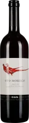 Schlanke Weinflasche mit elegantem weißen Etikett und rotem Vogeldesign.