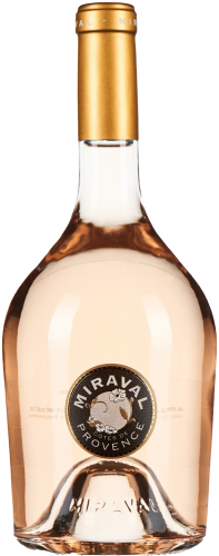 Klarglas-Weinflasche mit roséfarbenem Wein, goldener Kapsel und elegantem Etikett mit rundem Logo.