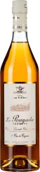 Eine hohe, elegante Flasche mit einem goldbraunen Destillat, das eine warme, bernsteinfarbene Nuance aufweist. Das Etikett ist schlicht und stilvoll gestaltet, unterstreicht den gehobenen Charakter des Produkts und zeigt eine feine Illustration.
