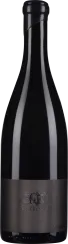 Dunkle Weinflasche mit glatter, glänzender Oberfläche und elegantem, minimalistischen Etikett in dunklen Tönen.