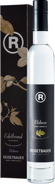 Die Abbildung zeigt eine schlanke, klare Glasflasche mit schwarzer Verschlusskappe und elegantem, dunklem Etikett, auf dem ein botanisches Design mit einem Blattmotiv zu sehen ist. Neben der Flasche steht eine dazugehörige, stilvoll gestaltete, dunkle Ges