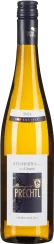 Klare Weißweinflasche mit einem hellen, goldenen Wein. Das Etikett ist elegant gestaltet mit goldenen Akzenten und weinroten Elementen. Der Verschluss ist schwarz mit einem dezenten Logo.