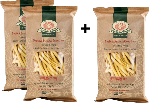 Zwei rustikale braune Pasta-Packungen mit Sichtfenster und grünem Logoaufdruck.