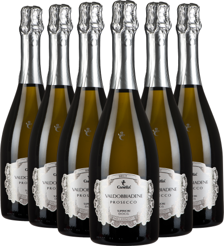 Set aus sechs Prosecco-Flaschen mit silbernen Kapseln und dekorativem Etikett.