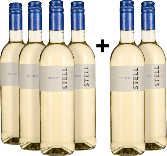 Sechs Flaschen Weißwein mit blauen Schraubverschlüssen, schlichtes Etikett.