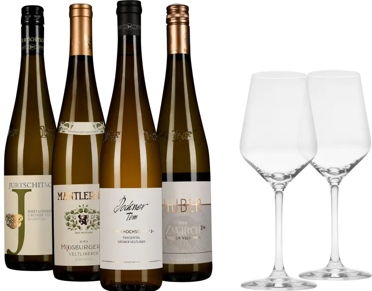 Set bestehend aus vier Weinflaschen mit elegantem Etikettendesign in verschiedenen Farbtönen und zwei schlanken, stilvollen Weingläsern.