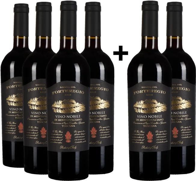 Sechser-Set edler Rotweinflaschen mit schwarzem Etikett und goldener Schrift.