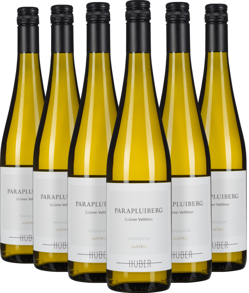 Sechserpack Grüner Veltliner Flaschen mit schwarzem Verschluss und schlichtem weißen Etikett.