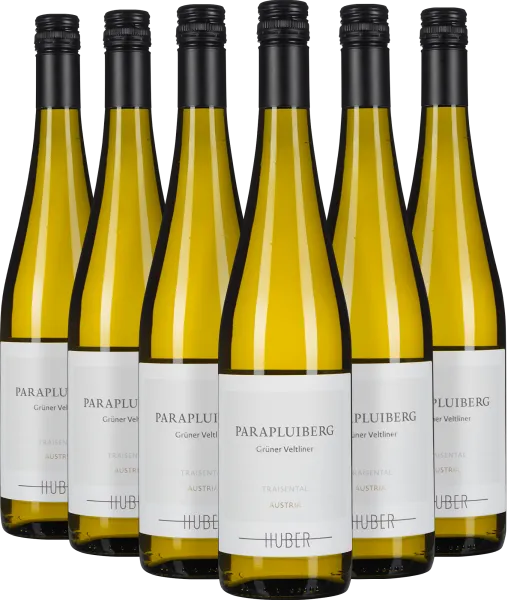 Sechserpack Grüner Veltliner Flaschen mit schwarzem Verschluss und schlichtem weißen Etikett.