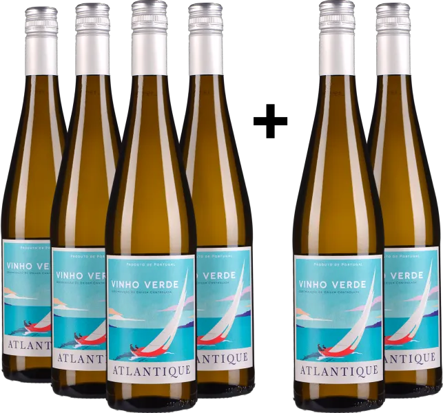 Sechser-Set Vinho Verde-Flaschen mit farbenfrohem maritimem Etikett und silbernen Schraubverschlüssen.