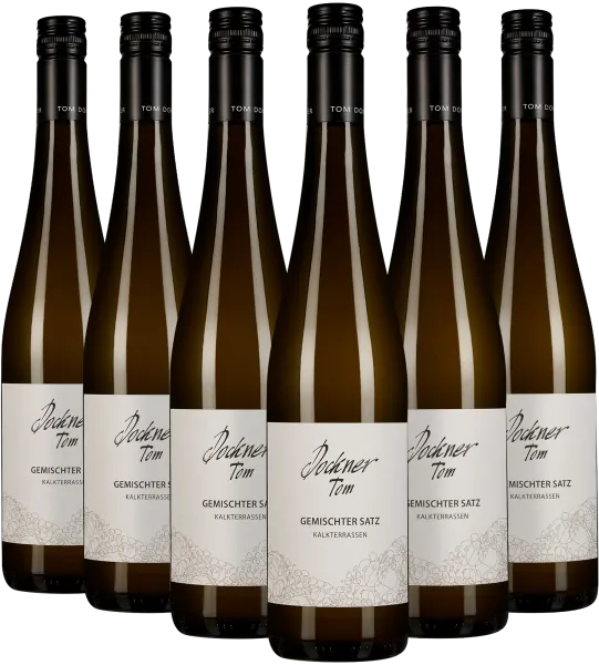 Sechser-Set Weinflaschen mit elegantem weißen Etikett und schwarzem Schraubverschluss.