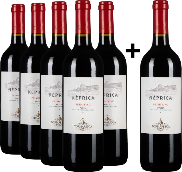 Sechserpack Primitivo Weinflaschen mit roten Kapseln und weißen Etiketten, elegant präsentiert.