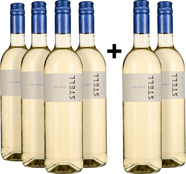 Sechs Flaschen Weißwein mit blauen Schraubverschlüssen, schlichtes Etikett.