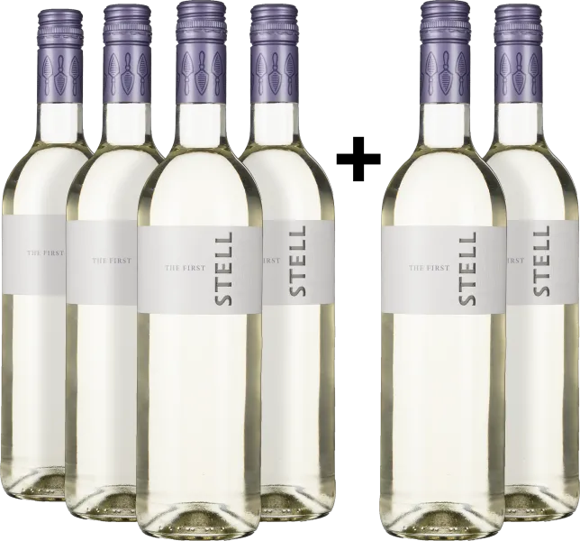 Sechs Flaschen Weißwein mit weißem Etikett und lila Verschluss.