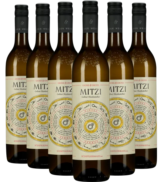 Sechs Flaschen Weißwein mit künstlerischem Etikett und schwarzem Schraubverschluss.