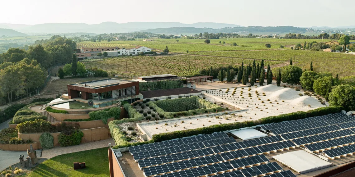 Moderne Architektur und Solarpaneele inmitten einer grünen, weiten Landschaft mit Weinbergen.