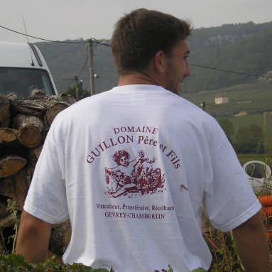 Mann mit weißem T-Shirt, Weinberge und Holzstapel im Hintergrund.