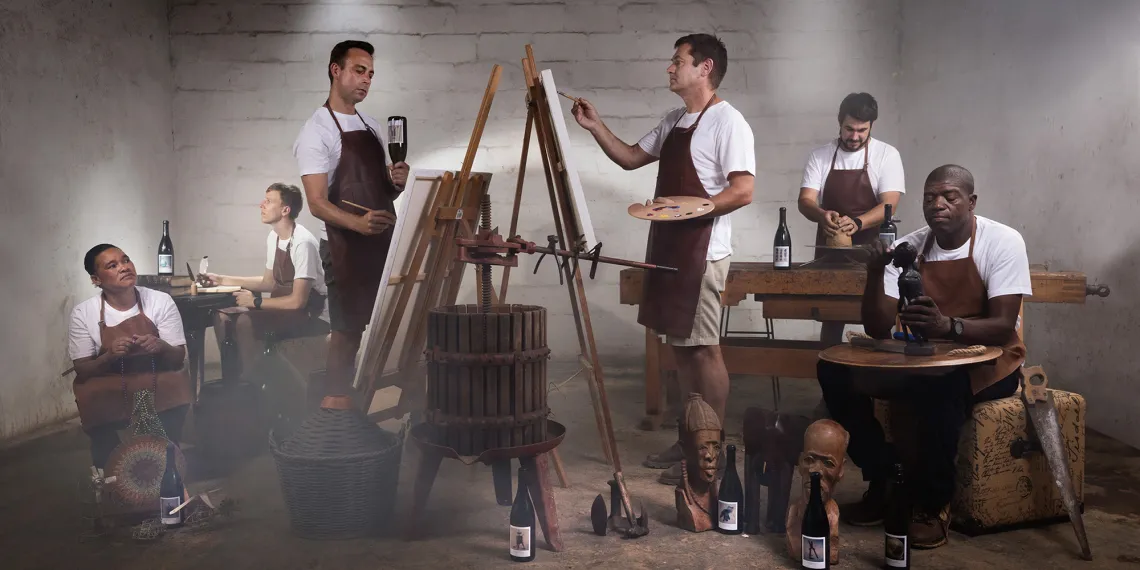Mehrere Männer in Schürzen arbeiten an Kunst und Holzschnitzereien in einem Atelier.