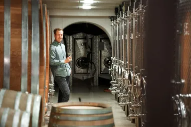 Mann mit Weinglas in moderner Weinkellerei mit Stahltanks und Holzfässern.