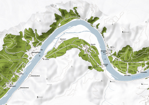 Karte der Donau-Region mit grünen landwirtschaftlichen Flächen und Flussverlauf.