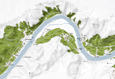 Karte der Donau-Region mit grünen landwirtschaftlichen Flächen und Flussverlauf.
