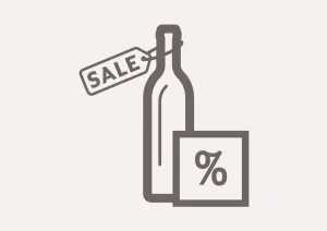 Grafik mit Flasche, Verkaufsetikett und Prozentzeichen in quadratischem Rahmen.