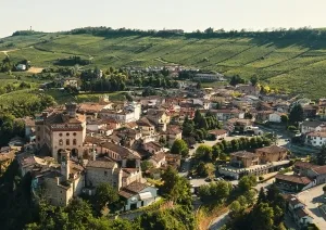 Historische italienische Stadt mit Ziegelhäusern, umgeben von grünen Weinbergen.